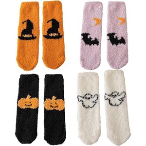 Halloween Fuzzy Sokken - Antislipsokken Geschikt Voor dames - 4paar - Ademend en Zacht - Huissokken Winter Warme Slaapsokken - Halloween Kerst - Winter sokken