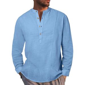 Henley Overhemd voor Heren met Lange Mouwen – Casual Linnen Katoen Shirt in Blauw – Regular Fit – Perfect voor Lente en Zomer