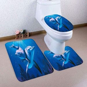 Badkamermatten en tapijten blauwe dolfijn 3-delige badmatset toiletbrilbekleding en -mat, badkamerset, U-vormig tapijt, mat