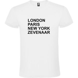 Wit T-shirt 'LONDON, PARIS, NEW YORK, ZEVENAAR' Zwart Maat 5XL