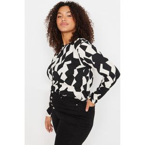 Trendyol Zwarte Bodycone/Past Op Het Lichaam Geribbelde Gebreide Blouse Met Stippenpatroon In Grote Maten Tbbaw23Af00016
