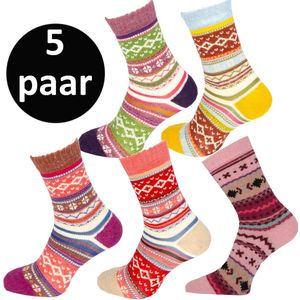 Teckel - 5 paar - Warme Wollen Winter Sokken - Noorse print - Maat 36/42 - Dames - Geel/Beige/L.Paars/D.Paars/Roze - Cadeau tip tijdens feestdagen