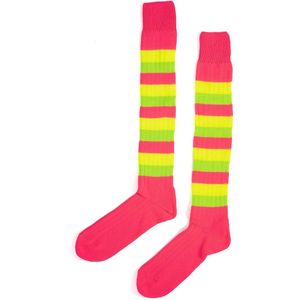 KIMU Sokken Neon Roze Geel Groen Streepjes - 42-47 - Gebreid Carnaval Limburg Sinterklaas Kado