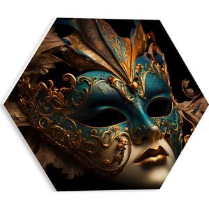 PVC Schuimplaat Hexagon - Venetiaanse carnavals Masker met Blauwe en Gouden Details tegen Zwarte Achtergrond - 30x26.1 cm Foto op Hexagon (Met Ophangsysteem)