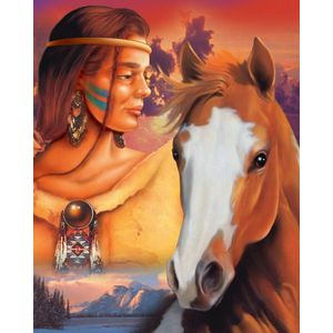 Diamond Painting Indianen meisje met paard Diamond Painting 40x50cm. DP Volledige bedekking - Vierkante steentjes - diamondpainting inclusief tools