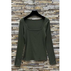 Dames top Lily met vierkante hals carrehals lange mouwen effen kaki groen ribstof Maat S