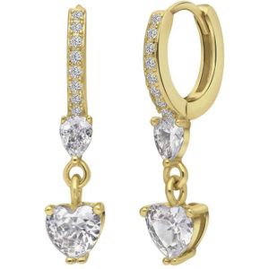 Lucardi Dames Goldplated oorringen hanger hart zirkonia - Oorbellen - Cadeau voor vrouwen - Echt Zilver - Goudkleurig