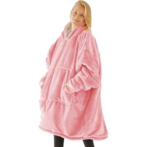 Hoodiedeken - uniseks - super zacht - flanel - lange deken - sweatshirt - eenkleurige capuchontrui met oversized zak - ritssluiting - deken hoodie - roze