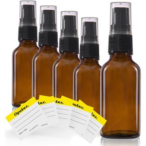 Oputec 5 x 30ml pompflessen – bruine glazen crèmespender & lotionspender – navulbaar & herbruikbaar – met etiketten – dicht & reisvriendelijk