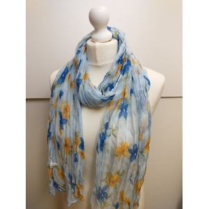 Lange dames sjaal Jose gebloemd motief licht blauw geel bruin groen kobalt