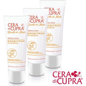 3 stuks Cera di Cupra Ricette di Miele Crema Mani Riparatrice Intensiva, inclusief tubeknijper: fijne, herstellende handcrème tegen ruwe of beschadigde handen met Koniginnegelei en natuurlijke Glycerine.