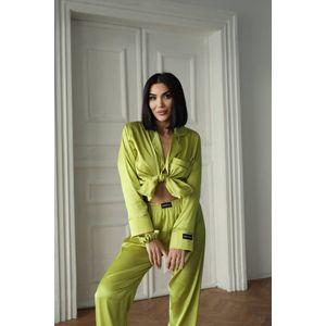 Satijnen Dames Pyjamaset- Luxe Pyjamaset- Pyjama- Nachtkleding Groen Maat S