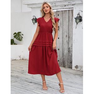 Damesjurk Lange zomerjurk Casual swingjurk Korte mouw Maxi-jurk Ruches Vrijetijdsjurk Wijnrood S