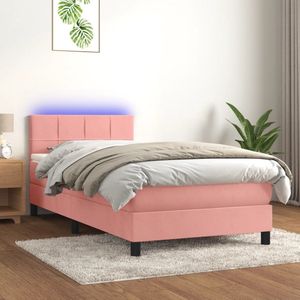 vidaXL Boxspring LED Fluweel Roze 90x200 cm Boxspring Bed - Fluweel Bed - Roze Bed - Led Bed - Adjustable Headboard - Pocketed Spring Mattress - Luxury Bed - Bedroom Furniture