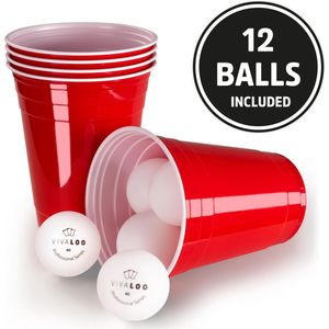 VIVALOO Bierspel – Drankspel - Set van 100 Plastic Bekers en 12 Beer Pong Ballen – Feest Wegwerpbekers – Rood - 455 ml