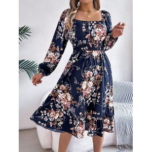 Damesjurk met lange mouwen, vierkante hals, gesmokte bloemenprint, mini-boho-jurken met Zwitserse stippen,Marineblauw,L