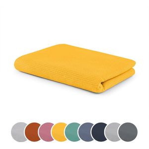 sleepling 150 x 200 cm plaid met wafelstructuur | sofa- of woondeken | huidvriendelijke knuffel deken | temperatuurregulerend | van 100% katoen | wasbaar op 30 graden | safraan-geel