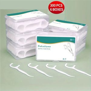 PolkaHome Tandzijde Flossticks - Tandenstoker Flosser | Dental Floss | Tandenstoker | Tandenstokers met Flosdraad | Tandenstokers - Tanden Flossen - Flosdraad | Dental Floss Sticks | Flosser | Tandenflosser (300 Stuks - 6 Dozen x 50)