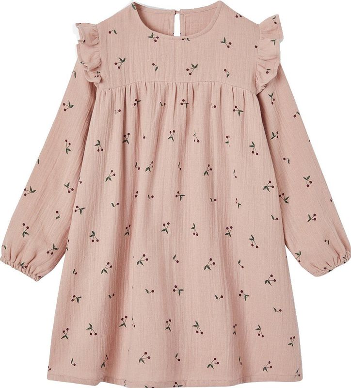 Jurk van katoenen gaas met ruches op de schouder roze (poederkleur)