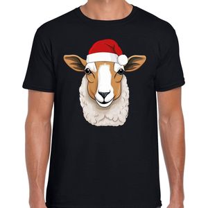 Bellatio Decorations Kerst T-shirt voor heren - schaap met kerstmuts - zwart - Kerstfeest S