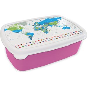 Broodtrommel Roze - Lunchbox - Brooddoos - Wereldkaart - Vlag - Blauw - Groen - 18x12x6 cm - Kinderen - Meisje