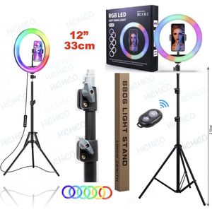 HiCHiCO® Ringlamp RGB MJ33 12inch - Verstelbaar statief 210cm & afstandsbediening - Studiolamp – Ring Light - Selfie Ringlight voor Telefoon - Statief - Tik tok - flitser – Make up light – Studiolamp