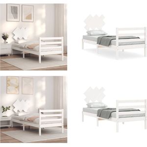vidaXL Bedframe met hoofdbord massief hout wit 90x200 cm - Bedframe - Bedframes - Bed - Eenpersoonsbed