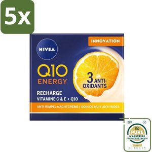 5 x NIVEA – Nachtcrème – Q10 Energy Recharge – 50 ml - Grootverpakking - Anti-aging Crème - Rimpelverlichting - Nachtcrème - Huidversterking - Huidbarrière