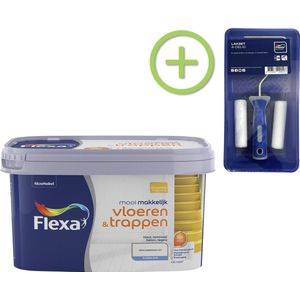 Flexa Mooi Makkelijk - Vloeren en Trappen - Mooi Gebroken Wit 2,5 liter + Flexa Lakroller - 4 delig