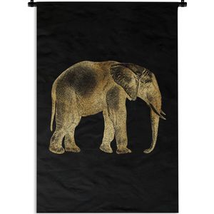 Wandkleed Vintage Afrikaanse dieren - Vintage afbeelding van een Afrikaanse olifant in het goud op een zwarte achtergrond Wandkleed katoen 120x180 cm - Wandtapijt met foto XXL / Groot formaat!