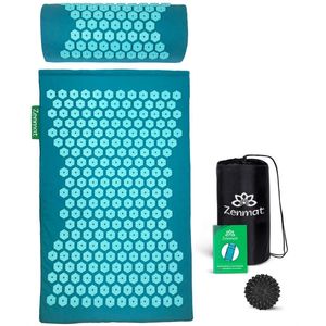 Zenmat Spijkermat met Kussen - Acupressuur Mat incl. Triggerpoint Massagebal en Draagtas - Shakti Massage - 66x40 cm - Blauw