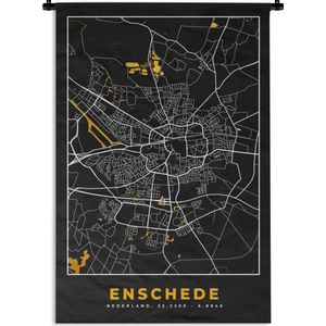 Wandkleed - Wanddoek - Kaart - Enschede - Goud - Zwart - 60x90 cm - Wandtapijt