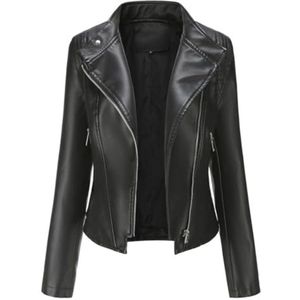 Dames leren bikerjack met ritssluiting en reverskraag - Korte leren jas zwart 3XL