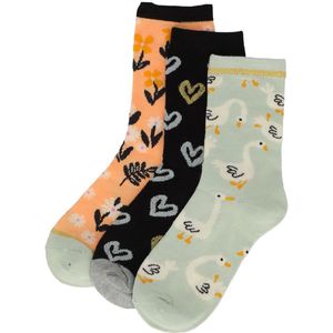 Leuke katoenen meisjes sokken met print - 6 paar Apollo kousen met zwaan, hartjes en bloemetjes - maat 31/34 - multicolor - grappige multipack kindersokken
