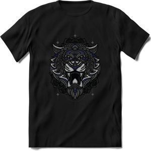 Tijger - Dieren Mandala T-Shirt | Donkerblauw | Grappig Verjaardag Zentangle Dierenkop Cadeau Shirt | Dames - Heren - Unisex | Wildlife Tshirt Kleding Kado | - Zwart - XL
