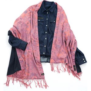 YELIZ YAKAR - Handmade - enkel exemplaar - Luxe dubbelzijdig dames pashmina- katoen blend sjaal/omslagdoek “ Mizar”- roze en blauw kleuren - designer kleding- zomer sjaal- luxecadeau