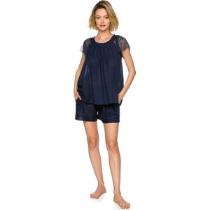 Dames Pyjamaset Fleur-Korte Mouw Top met Kant & Shorts-100% Katoen-Blauw-Maat M