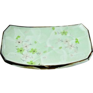 TOKYO DESIGN STUDIO - GREEN COSMOS RECT PLATE 18.5X12.5CM Q27/GC PORSELEIN