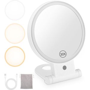 Vergrootglas Make-up Spiegel met Verlichting - 30X Vergroting, Oplaadbare 3-modi, Draagbaar met Zuigcup en Opbergtas