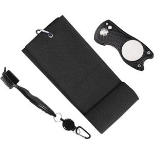 Golfballen Handdoek - Golf Accessoires Set Golf Handdoek + Golf Pitchfork + Golf Borstel - Zwart - Cadeau Set