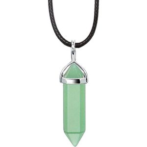 Bixorp Gems Aventurijn Hanger aan Faux Leren Koord - Edelsteen Ketting - Edelstenen Staafje met Stainless Steel - 45/50cm Damesketting