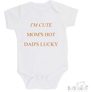 100% katoenen Romper ""I'm cute Mom's hot Dad's lucky"" Unisex Katoen Wit/tan Maat 56/62