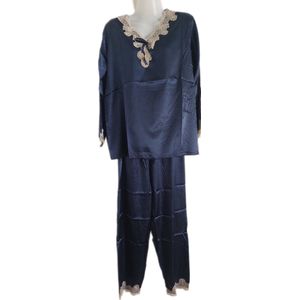 Dames Pyjama - Satijn - 2 Delig - Merk notte stella - Kleur Marineblauw & Beige - Met Kant - Maat 36/38- Cadeau - Kerst