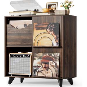 Houten Platenspeler Kast - Met Vinyl Display en 2 Lades - Sidetable en TV Meubel voor Platenspelers