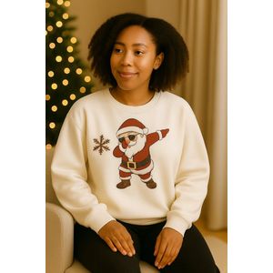 La Booty Kersttrui Dames- Oversized- Zachte Sweat stof Off White- Dabbing Santa Print- maat S/ M