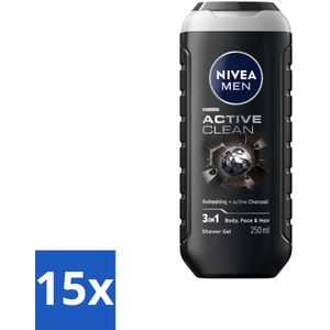 15 x NIVEA MEN - Douchegel - Active Clean - 250 ml - Douchegel Mannen - Actieve Houtskool - Reiniging Huid - Schuim Douchegel - Mannelijke Geur