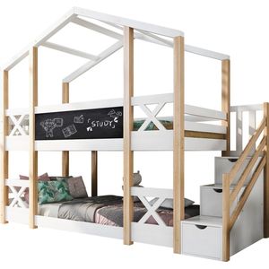 Merax Stapelbed 90x200 cm - Kinderbed met Opbergruimte en Valbeveiliging - Bed met Trap - Wit