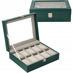 Luxe Horlogedoos met 10 vakken - Flesgroen - Transparant Glas