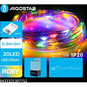 Aigostar - LED Kerstslinger - 20 LEDS - Koperdraad - 2700K - RGB lampjes - 2 meter - IP20 - 3x AAA batterij