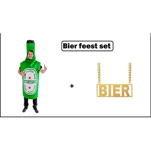 Bierfles outfit groen + bier ketting - bier fles bierfeest thema party carnaval apres ski oktoberfest vrijgezellen feest grappig en fout festivalpak